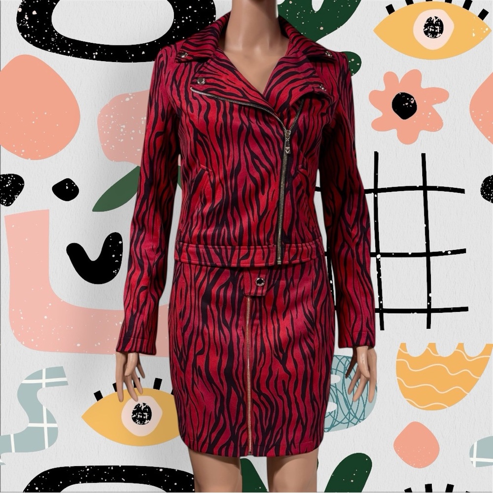 Guess | 2 Piece Faux Suede Animal Print Moto Jacket and High Waisted Skirt Set
